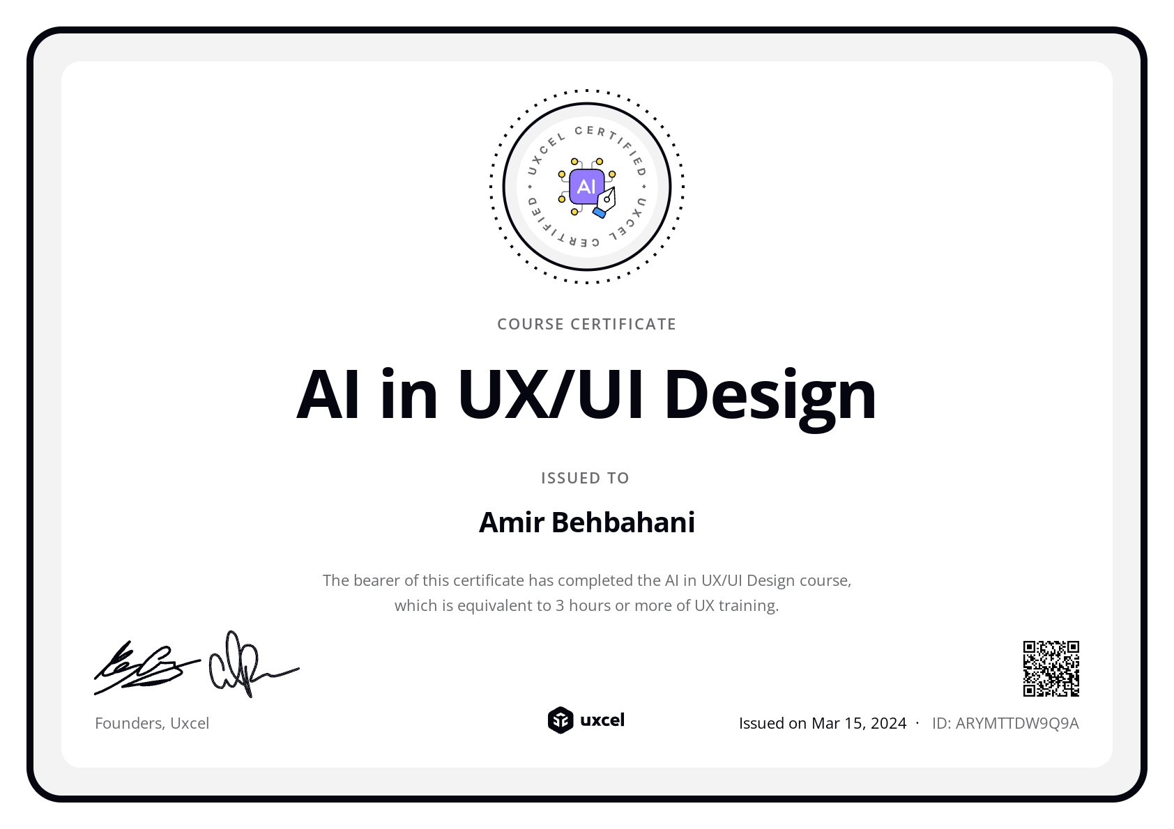 Amir Behbahani's certificate